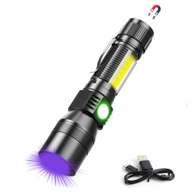 Spriak UV Flashlight Blacklight, USB Rechargeable Flashlights Magnetic Flashlight with ‎SideLight, Black Light, COB Work Light, Zoomable, Waterproof Worklight, Pet Urine,1 Pack