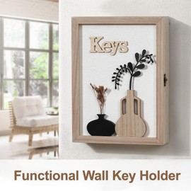 Optyuwah Wooden Key Cabinet with 3D Vase and Dried Flowers Key Cabinet 6 Key Hooks Key Rack Wall Organiser for Entrance, Hallway, Office Key Holder, L, White