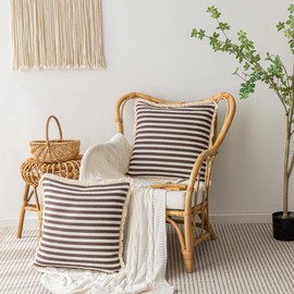 Komollocoe Farmhouse Boho Throw Pillow Covers 18x18 Inch Set of 2 for Couch Living Room Outdoor Bed Decorative Striped Tassels Accent Cushion Cases Spring Fall Decor (Brown, 18x18 Inch)