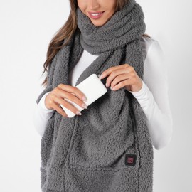 OHS Scarf with Pockets Teddy Fleece, Electric Fluffy Heated Scarf for Women Comfy Cosy Warm Super Soft Hand Neck Warmer Scarf Gifts for Women, Charcoal Grey
