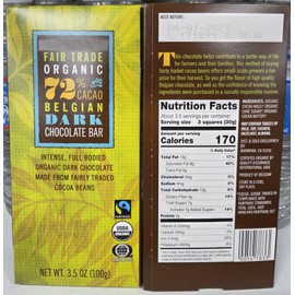 Trader Joe Fair Trade Organic 72% CACAO Belgian Dark Chocolate Bar 3.5oz 100g (Two Bars)