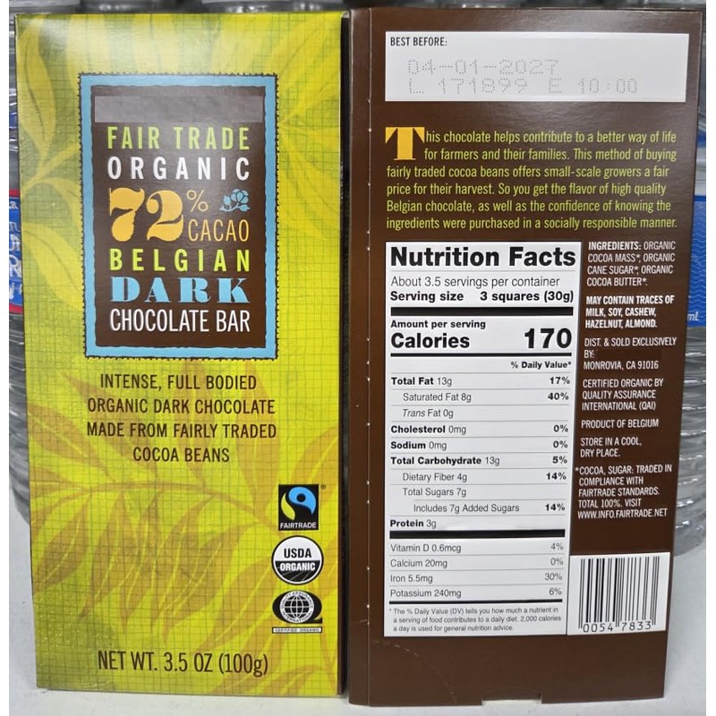 Trader Joe Fair Trade Organic 72% CACAO Belgian Dark Chocolate