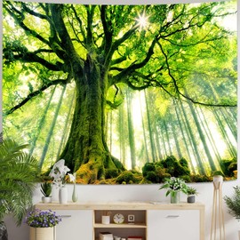 Skcess Tapestry Forest Nature Landscape, Green Wall Cloth Tree Sunrise Tapestry Wall Hanging Small Wall Decoration for Bedroom Living Room 150 x 130 cm