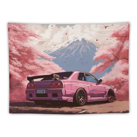FeoYoed Car Tapestry Wall Hanging Decor Wall Art for Bedroom Living Room Dorm Picnic Japan Jdm Car R34 Pink Cherry Tree Mount Fuji 30"x40"