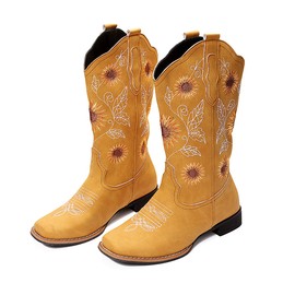 gloryinterest Cowboy Boots for Women Mid Calf Cowgirl Western Boots Sunflower Embroidery Stitched Square Toe Low Heel Black Brown Yellow US6-10.5, yellow, 35