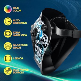 TRQWH Large Viewing Welding Helmet Auto Darkening Solar Powered 4 Arc Sensors