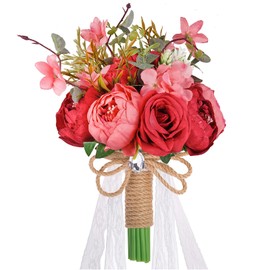 WJYIKEE Romantic Artificial Peony Rose Wedding Bouquet Bridal Holding Bouquets Bride Bridesmaid Bouqeut Wedding Flowers Decoration (Dark red)