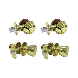 Faultless Tulip Polished Brass Metal Entry Knob and Single Cylinder Deadbolt 3 Grade Right Handed