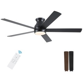 POCHFAN 60 Inch Black Ceiling Fans with Lights and Remote, LED Low Profile Flush Mount Ceiling Fan for Bedroom, Living Room, Quiet DC Motor, Dimmable 6 Speeds