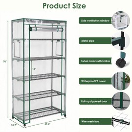 Indoor Greenhouse with Grow Lights & Wheels, 5 Tier Wire Shelf PVC Tent Portable Mini Green House Cabinet Kit for Plant Seed Starting Mushroom Grow