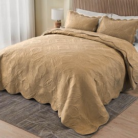 Kingnex Oversized King Bedspreads 128x120 for Extra Wide Tall King or Cal King Bed Ultrasonic Quilted Coverlet Set 3 Piece Include 1 Quilt 2 Pillowcases Beige