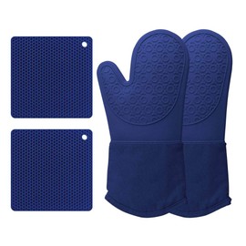 ALLIE ZENG Extra Long Heat Resistant Silicone Oven Mitts Heavy Duty Cooking Gloves and Hot Pads Potholders for Kitchen Baking Cooking, 4-Piece Set, 13.7 Inch Navy Blue