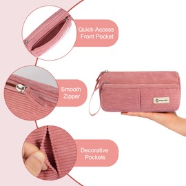 FINPAC Pencil Case, Corduroy Fabric Pencil Case with Wrist Strap, Large Capacity Pencil Case, School Pencil Case, Stationery Bag, Pencil Bag for School Office, pink, pencil case