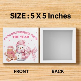 Pink Christmas Wood Sign, Merry Christmas Reindeer Snowman Decor for Girls Bedroom Home Bathroom Office Shelf Xmas Holiday Decoration, It's The Most Wonderful Time of The Year