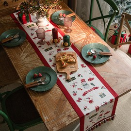Christmas Table Runner 14x102 Inch, Christmas Decoration Red and White Table Runner with Tassels, Xmas Snowman Reindeer Table Dresser Scarf for Winter Holiday Kitchen Dinning Room