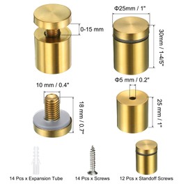 sourcing map 12 Pcs 1" x 1-1/5" Standoff Screws Stainless Steel Wall Mount Sign Mounting Hardware Kit with 14pcs Screws for Hanging Acrylic Glass Signs Advertising Boards, Brushed Gold