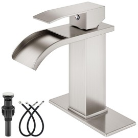 GBBNE Waterfall Bathroom Faucets Single Hole Sink Faucet for 1 or 3 Hole Single Handle Vanity Farmhouse Basin with Deck Plate,with Pop-up Drain&Supply Lines,Brushed Nickel