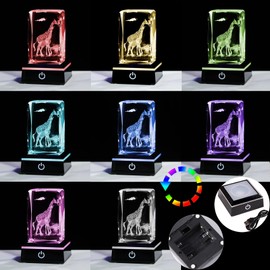 Ornalrist 3D Crystal Engraved Giraffes Figurine Collectible Paperweight Decor with LED Base, Glass Giraffe Gifts for Women Men Giraffe Lovers