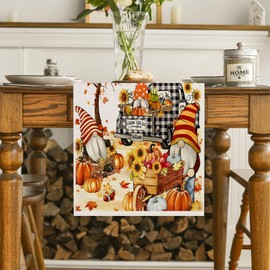 ZCHOMI Fall Gnomes Pumpkin Table Runner 13x72 Inch Buffalo Plaid Truck Sunflower Maple Leaves Thanksgiving Seasonal Autumn Harvest Kitchen Dinning Table Decoration for Home Party Decor