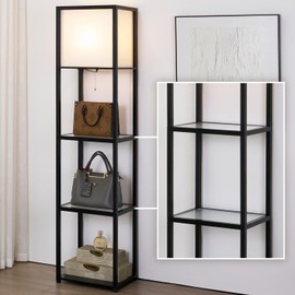 MITELSON Floor Lamp with Shelves, Modern Standing Lamp with Tempered Glass Shelves, Large Display Shelf Lamp, Tall Lamp with Shelves for Living Room, Bedroom, Office, Black