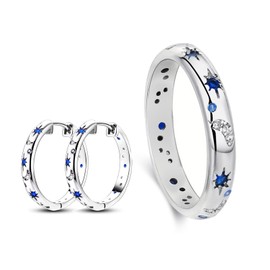 GoPaw Sun and Moon Ring, S925 Silver Sun Moon Couple Ring, Sparkling Sun Ring, Sun, Moon and Stars Couple's Ring Jewelry Ring for Woman Girls (Silver-Earrings Rings Set, 7)