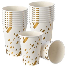 Silver Spoons Elegant White Paper Cups with Gold Design - 9 oz. (18 Pcs.) - Disposable and Stylish Cups - Perfect for Parties, Weddings, and Birthdays