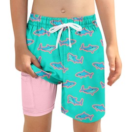 Boys Shark Swim Trunks Size 8-10 Boy Bathing Suit with Compression Liner Kids Hawaiian Fish Board Shorts Neon Green Swimsuit Swimwear