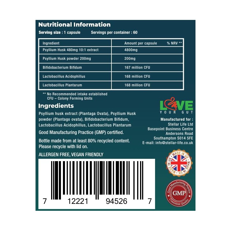 Fibre Supplement 5000mg Psyllium Husk with 500 Million Multi-Strain Probiotic