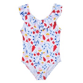 Durio Girls Toddler Cute One Piece Swimsuits Bathing Suit Little Kids Swimwear Quick Dry Ruffle Floral Pattern White Flower 6-7 Years