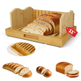 HJJK Bread Slicer for Homemade Bread, Bamboo Bread Slicers with Crumb Tray, 11″ Adjustable Large Wide Capacity, Bread Slicer Guide(Natural color)