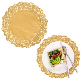ANTETOK Doyley Lace Paper Doilies Disposable Placemats 8.5 Inch 100pcs Elegant Paper Doilies Lace for Party, Cakes, and Crafts, Gold