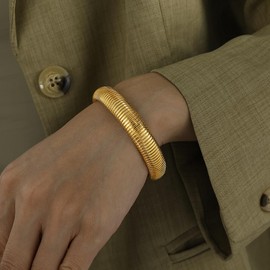 RINTOLER 12mm Gold Bangles for Women - 18K Gold Plated Stainless Steel Chunky Stretch Bracelets Stackable Flexible Wide Wristband Snake Link Chain Bracelets Set. (12mm-Gold Bangle)