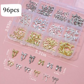 WOKOTO 1 Box Metal 3d Bow Nail Charms For Women Acrylic Nails, 96 Pcs Gold, Silver & Nickel Color Bow Tie Nail Charms And Decorations, 4 Style Nail Bow Gems For Nails Jewelry Nail Art Charms