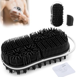 Silicone Body Scrubber for Men Shower Bath Exfoliator 2 in 1 Scalp Massage Mens Body Wash with No-Slip Handle Lather Deep Clean Bathing Upgrade Long Lasting Bristles Loofah All Skin 1 Pack Black