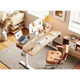 BANTI 55''x24''Standing Desk with Drawers, Adjustable Height Stand Up Desk with Storage Shelf, Sit Stand Home Office Desk with Splice Board, White Frame/Maple Top