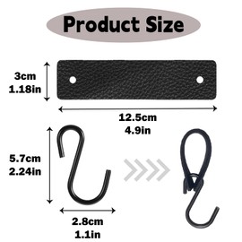 WLICCHS Pack of 4 S Hooks Black with Leather Loop, Hangers Coat Hooks with Leather Loop, Clothes Rail Hooks, Clothes Handle Hooks, Pram Hooks, S Metal Hooks, Black for Clothes Rail Bathroom