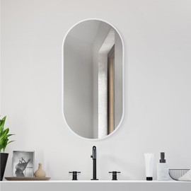 Navaris Oval Wall Mirror - 75 x 38 x 3 cm - Wall Mounted Hanging Mirror with White Rustproof Aluminium Frame - Round Mirror for Bathroom Bedroom Hallway