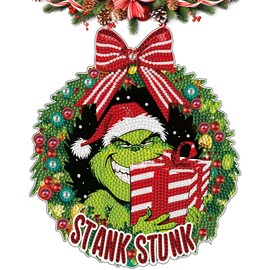 5D Christmas Diamond Painting Pendant with Chain, Diameter 21 DIY Diamond Art Painting Christmas Wreath Pendant, 5D Christmas Pendant Ornaments for Beginners, Door Window Wall Decoration DIY Gift (B)