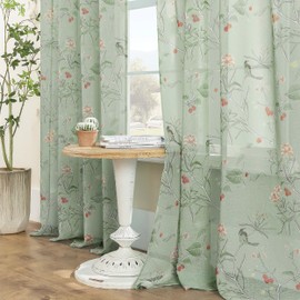XTMYI Sage Green Curtains 84 Inch Length for Living Room 2 Panels Set Spring Design Printed Pattern Floral Bird Leaf Sheer Window Curtain Panels for Bedroom 84 Inches Long,Light Green