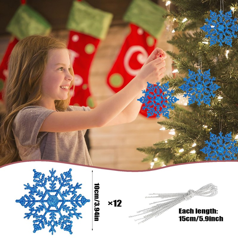 SULOLI 12PCS Glitter Snowflake Hanging Decorations(Royal Blue)