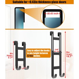 Shower Door Hooks, 7.7"-17.7" Height Adjustable Towel Hook For Frameless Glass Door, Stainless Steel No-Drill Double Bathroom Hooks, With 2 Anti-Slip Pads, Shower Hook For Robe, Bath Towel -1 Pack