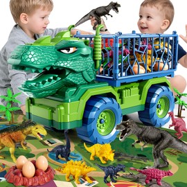 DULONIME Dinosaur Cars Truck Toys for Kids 3-5 with 8 Dinosaur Figures, Activity Play Mat, Jurassic Play Set for Boys and Girls Ages 5-7