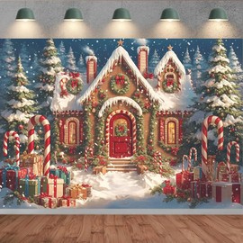Winter Gingerbread House Candyland Christmas Background Baby Shower Birthday Party Photography Backdrop Christmas Eve Party Decoration Snowy Night Xmas Tree Gift Backdrop
