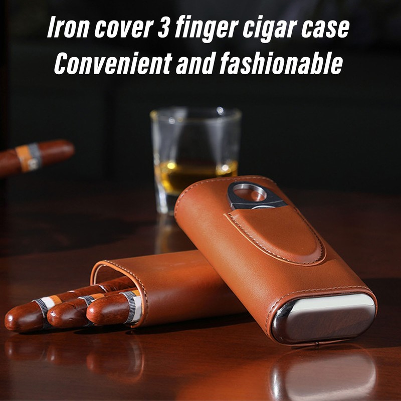3 Finger Cigar Case Iron Cover Portable Soft Glossy Leather