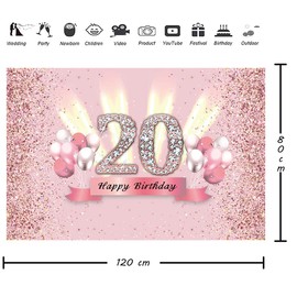 Tecreo 20th Birthday Backdrop for Girls, 20th Anniversary Fabric Sign Poster, 20th Birthday Party Background Banner, Birthday Decoration Glitter Pink