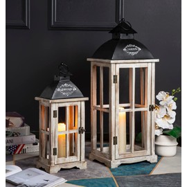 Set of 2 Large Decorative Wooden Metal Lanterns, Farmhouse Rustic Floor Candle Lanterns, Indoor/Outdoor Hanging Lanterns for Home Decor (No Glass)
