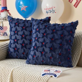DFXSZ 4th of July Pillow Covers 18x18 inch Set of 2 4th of July Decor Red Embroidery Star Decoration Soft Plush Faux Fur Jacquard Throw Pillows Independence Day Decorations for Home Sofa PTK027A18