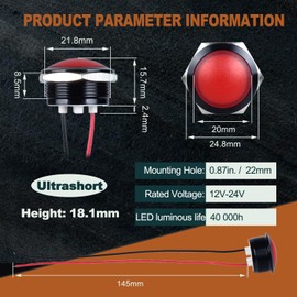 DMWD 2Pcs 22mm 12V-24V AC/DC Metal Indicator Light, 20mA Waterproof IP67 Single lamp LED Pilot Lamp Raised Head with Wire for Car Truck Boat(Red LED) Black Anodized Shell