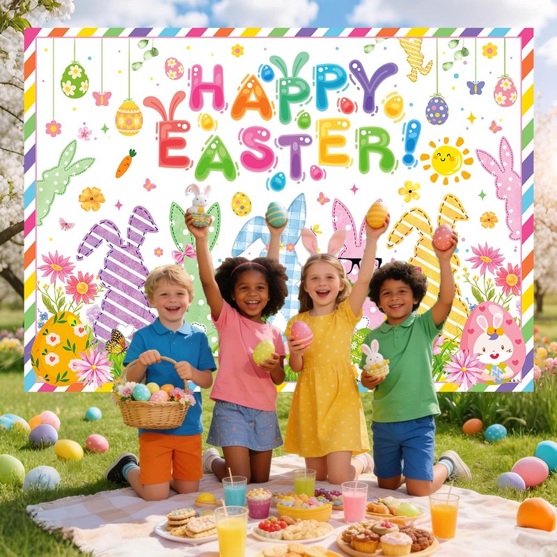 7x5ft Happy Easter Backdrop Cute Easter Bunny Style Colorful Egg