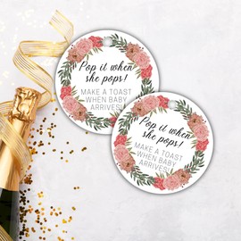 Pop It When She Pops Champagne Tag | 30 Pack | 2.5" inch Circle Tag with Pre-Cut Hole | Baby Shower Party Favor Tag | Boho Flower Blush Wreath Design for Baby Shower Party Favor